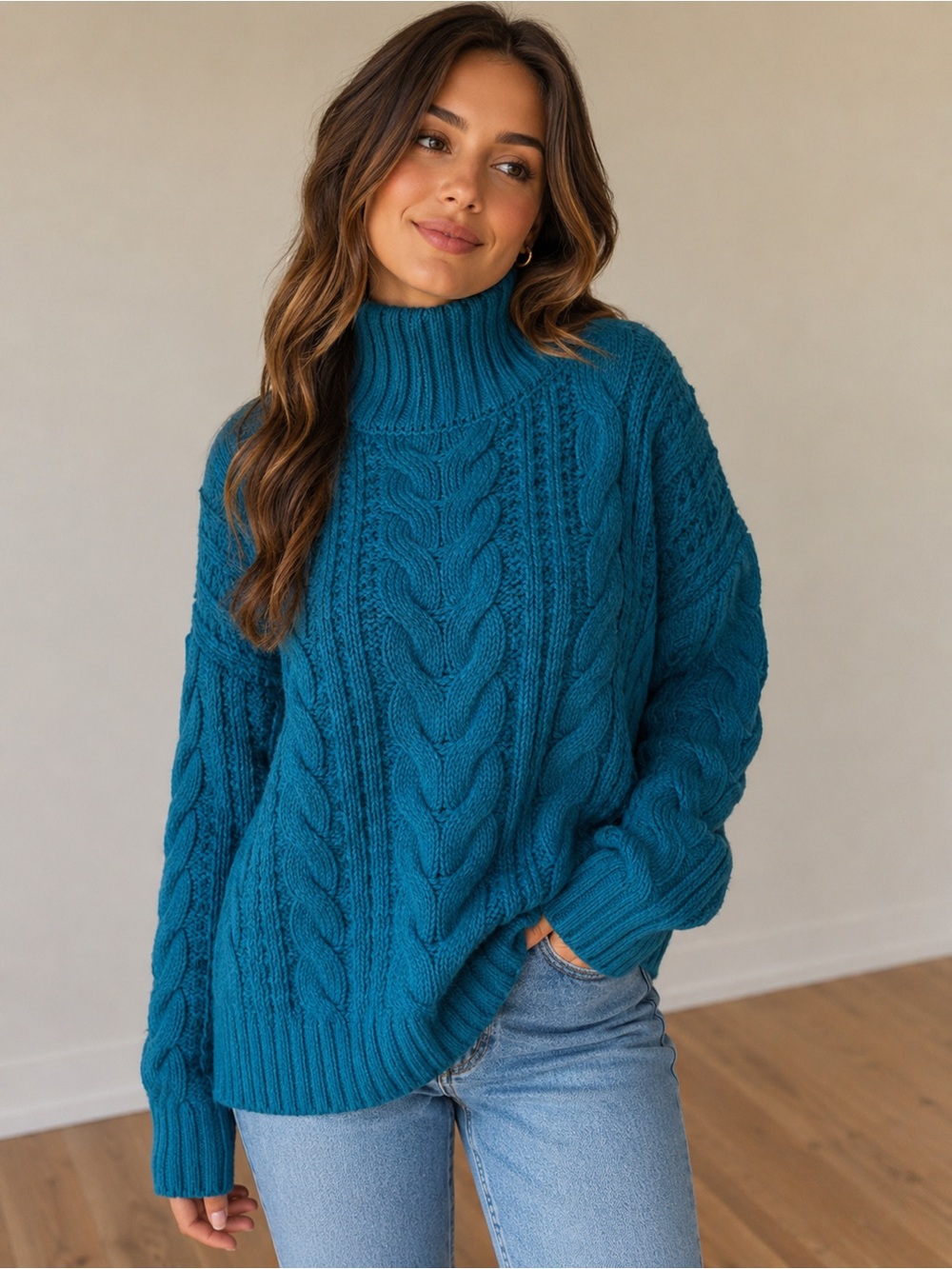 Teal Cable Knit Mock Neck Sweater | Size X